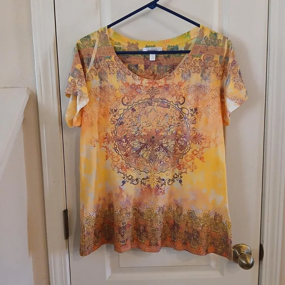 Vintage Y2K butterfly print short sleeve top rhinestone bling accents size XL - Picture 2 of 5